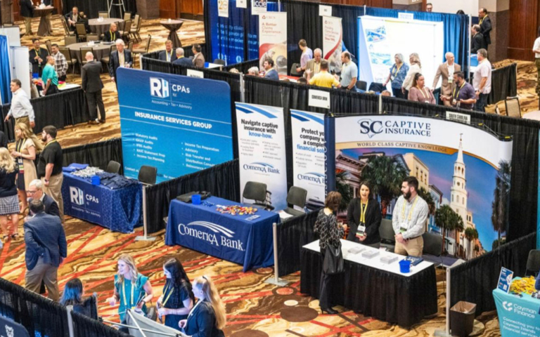 A overhead shot of the display floor at a conference.
