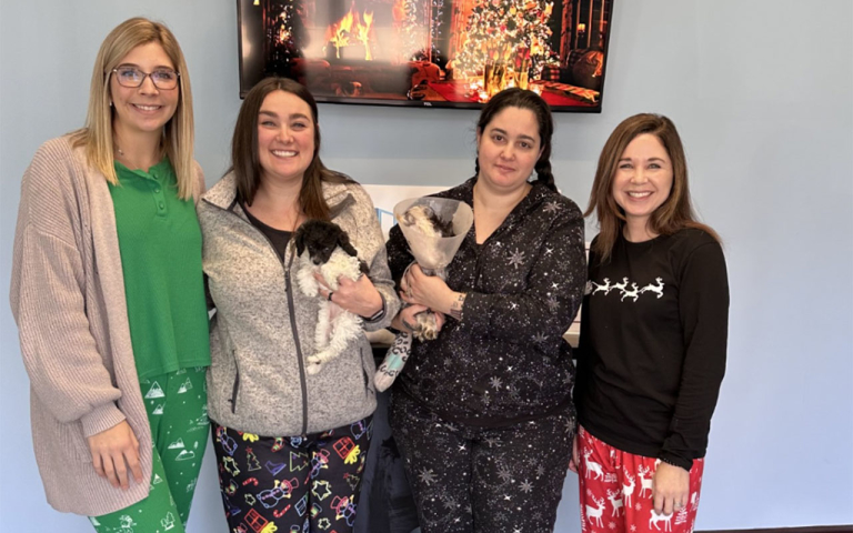 Business professionals wearing Christmas items.