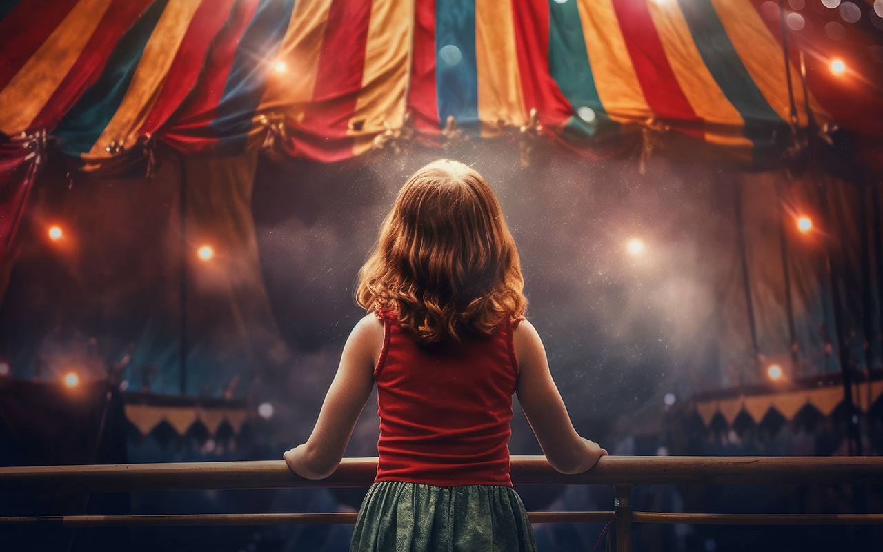 A young girl looking at a circus tent.