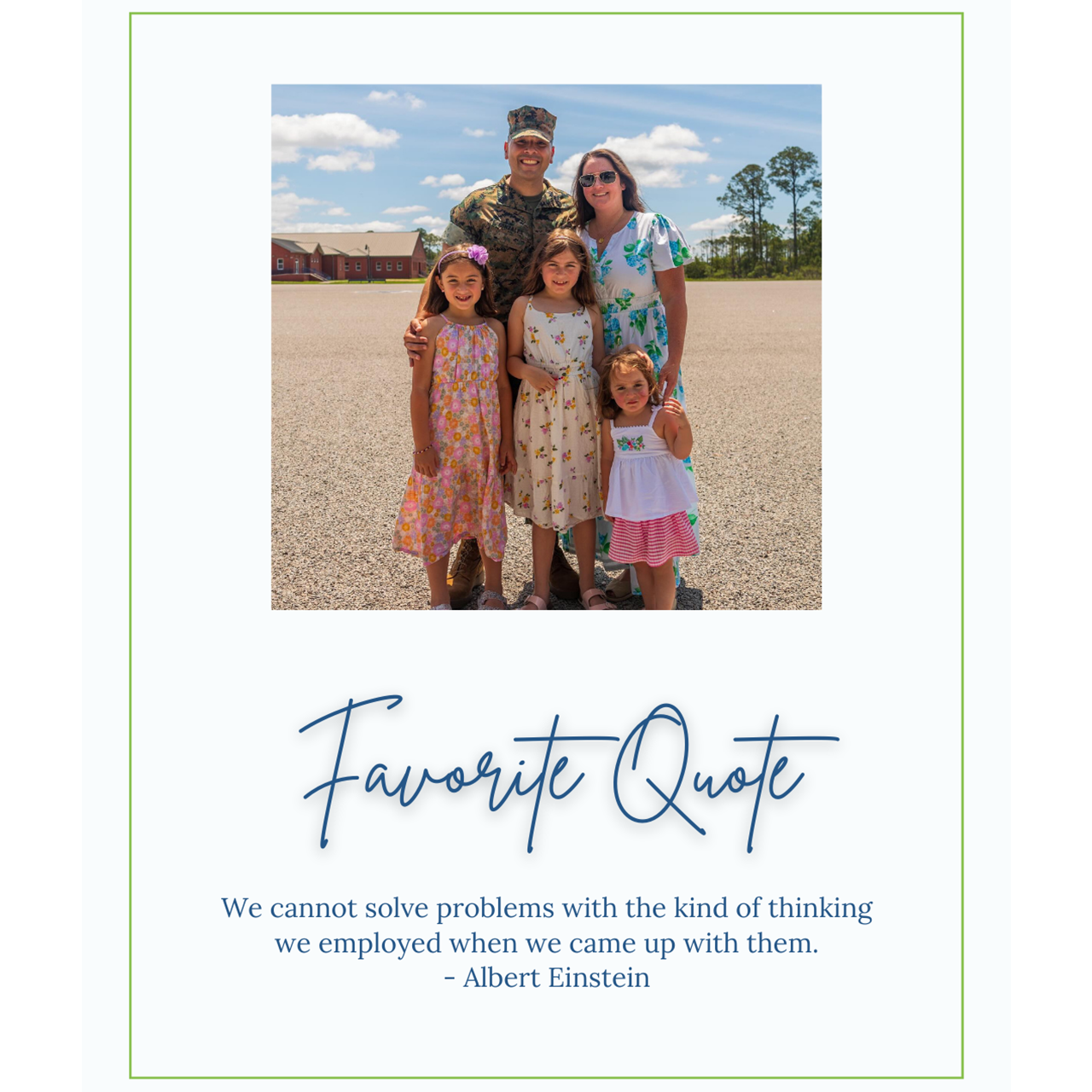 A family posing for a photo with a quote under the photo.