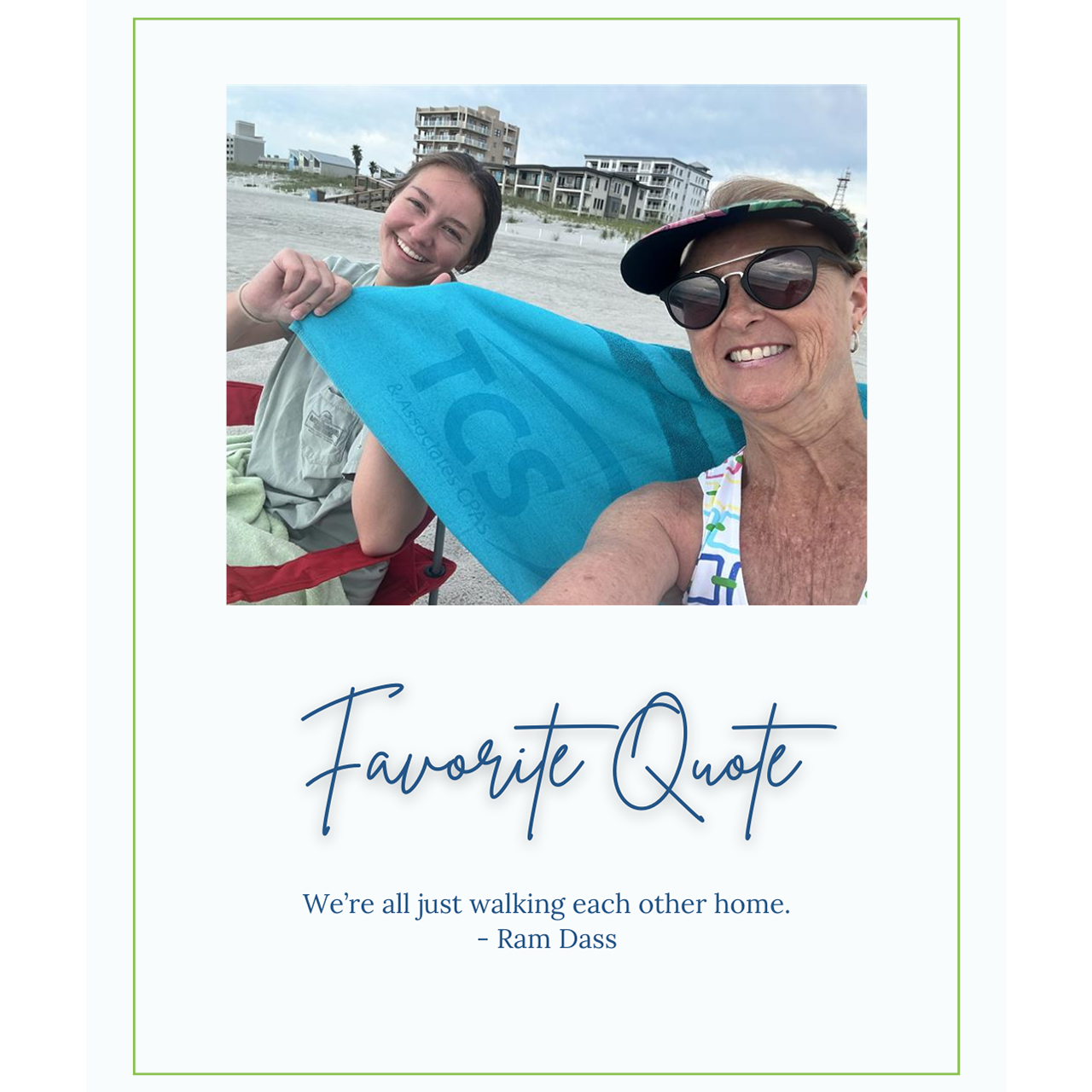 Two people on a beach with a quote under the photo.