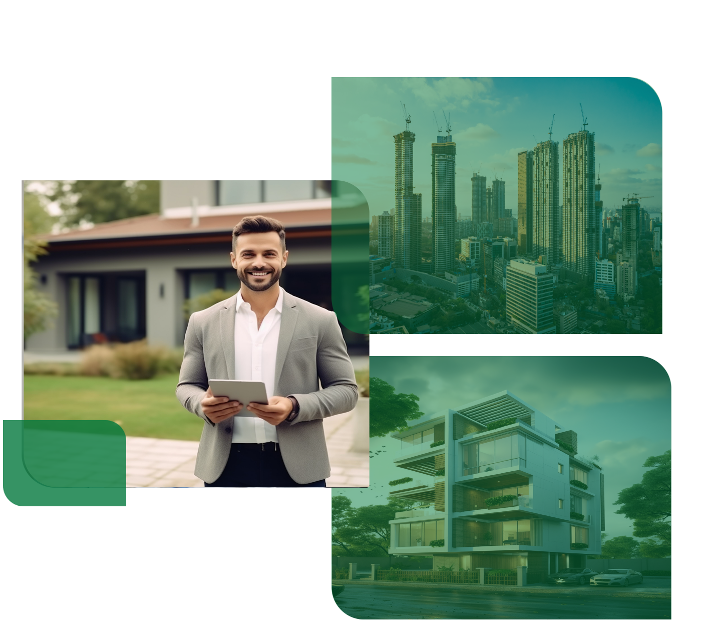 A man holding a tablet, apartment building and office buildings.