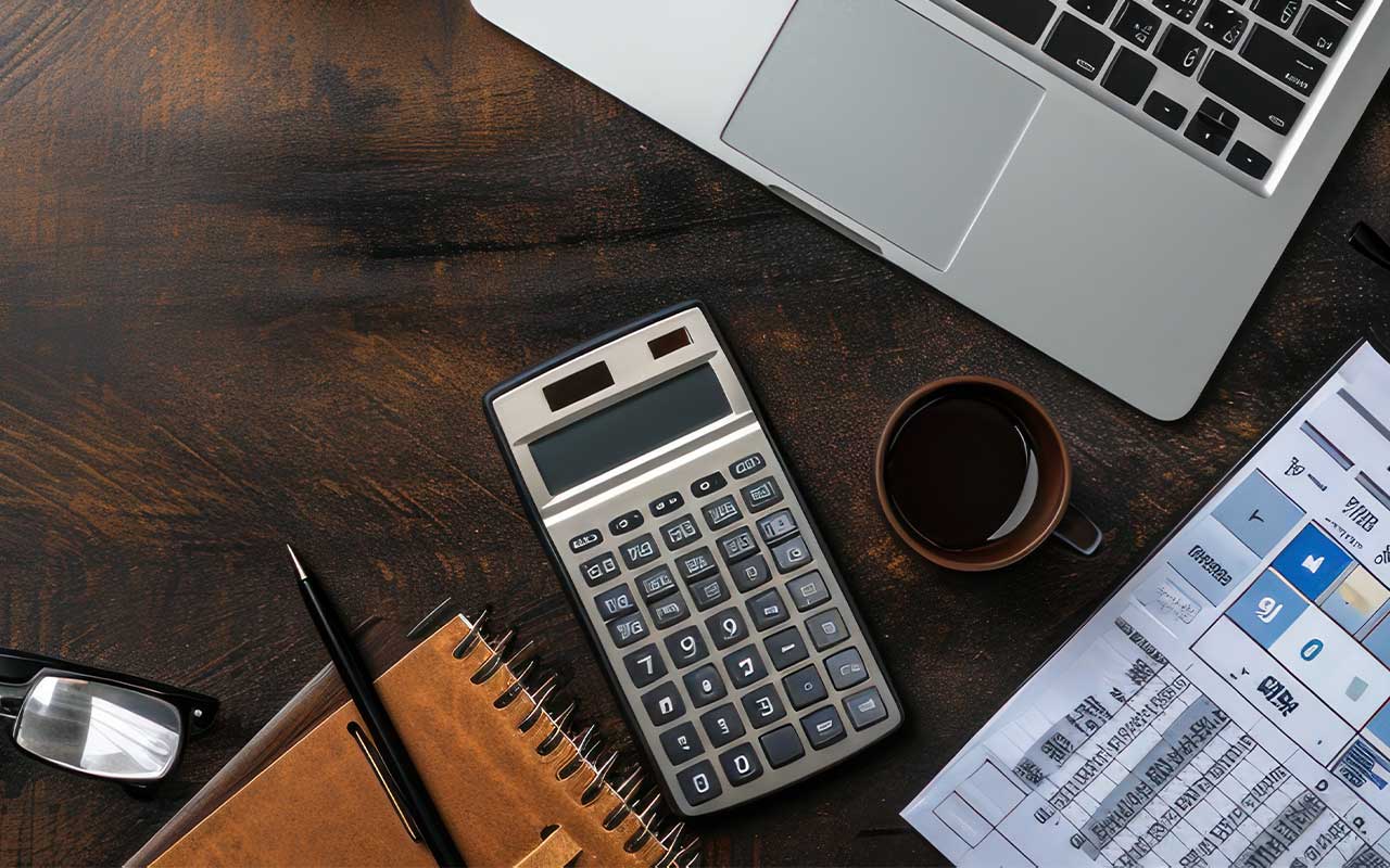 Office supplies on a desk.