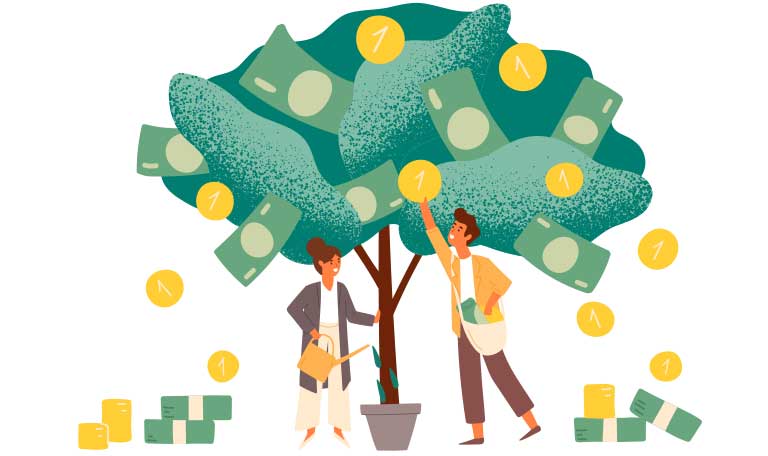 people harvesting money from a tree
