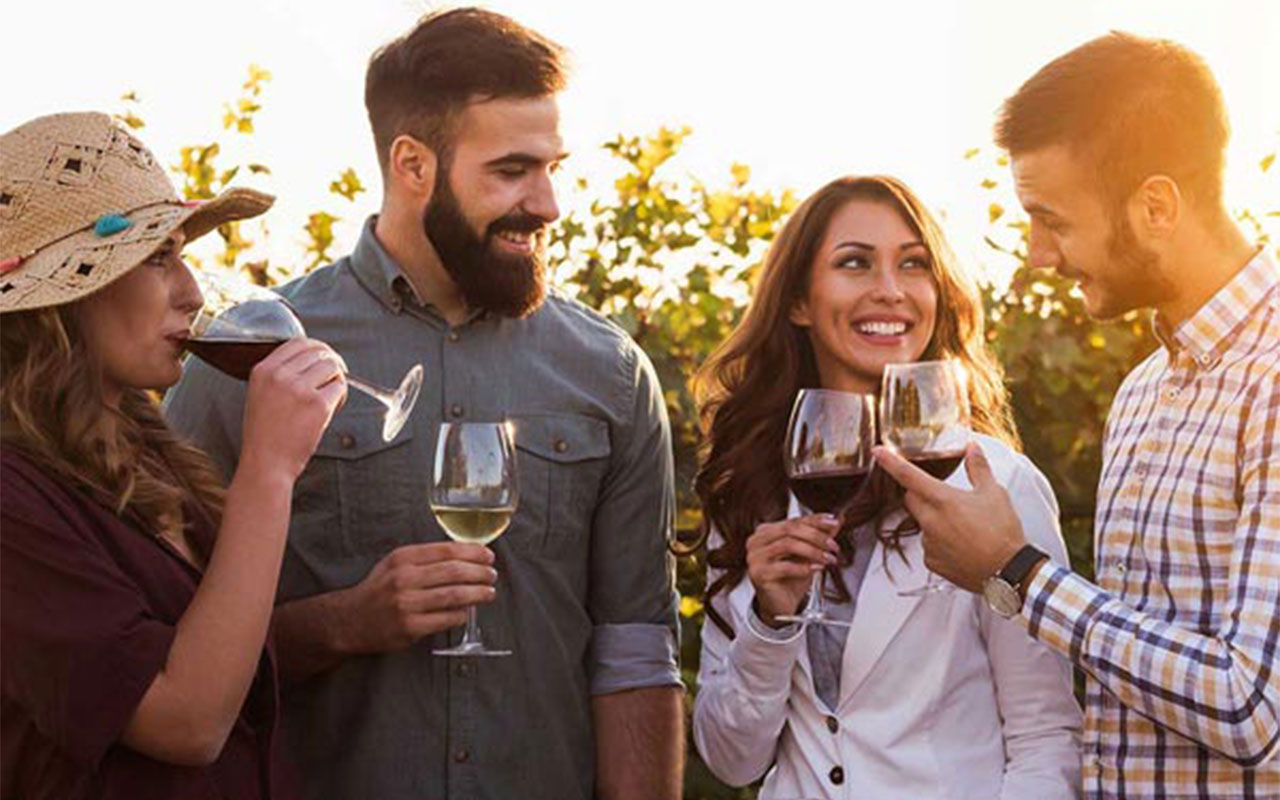 People drinking wine in a vineyard.