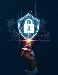 person snapping finger under vector of padlock in shield