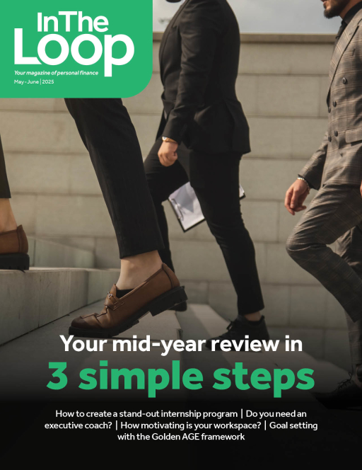 Issue cover of business people walking up stairs