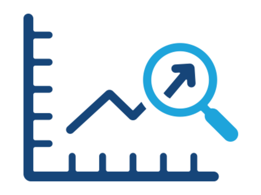 A chart with an arrow and a magnifying glass.