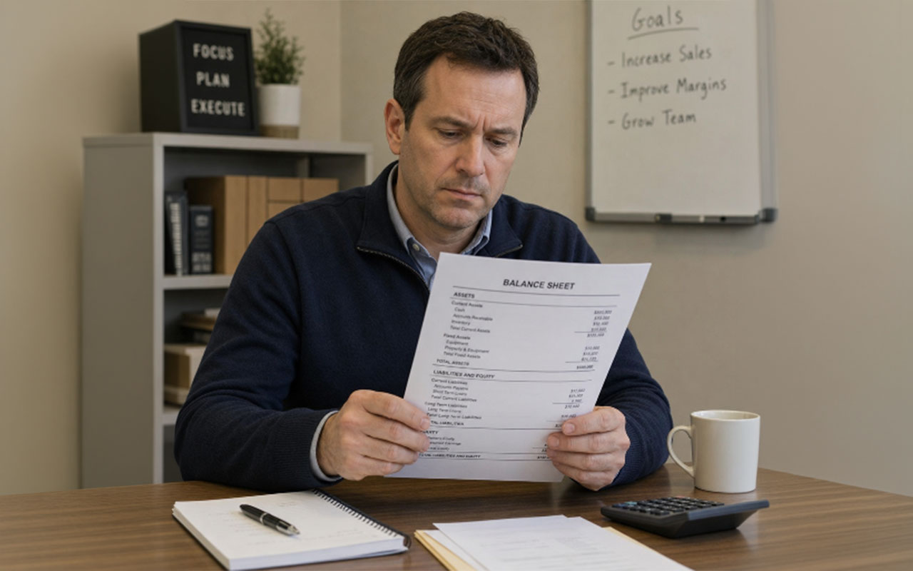 A man sitting at a desk, reading a sheet of paper in an office. A notepad with a pen, papers, calculator, and coffee cup are on the desk.