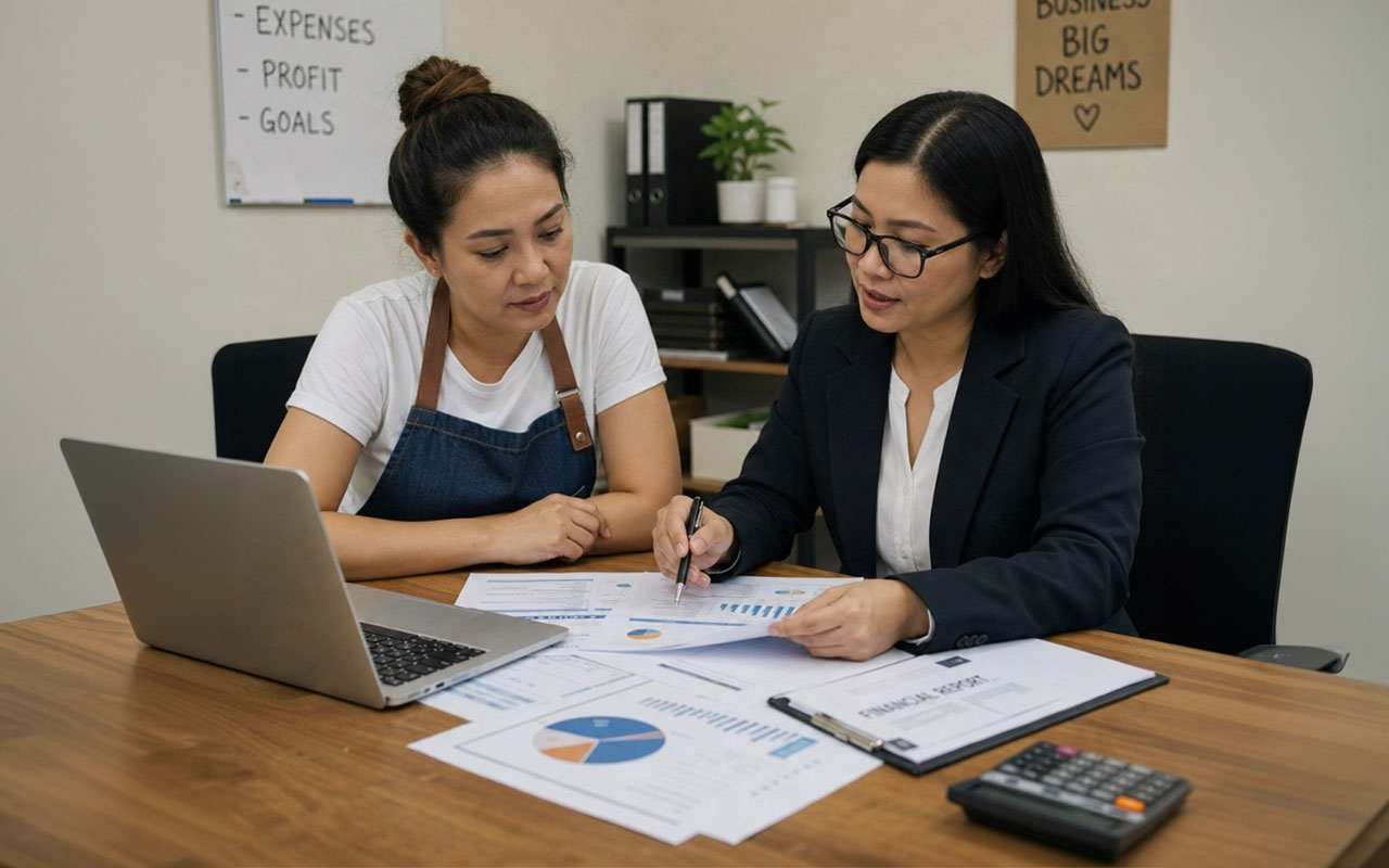 Two women at a table reviewing sheets of paper with graphs and numbers.