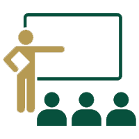 A person standing at a white board with before an audience