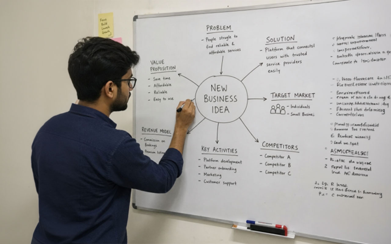 A man in an office writing on a whiteboard.
