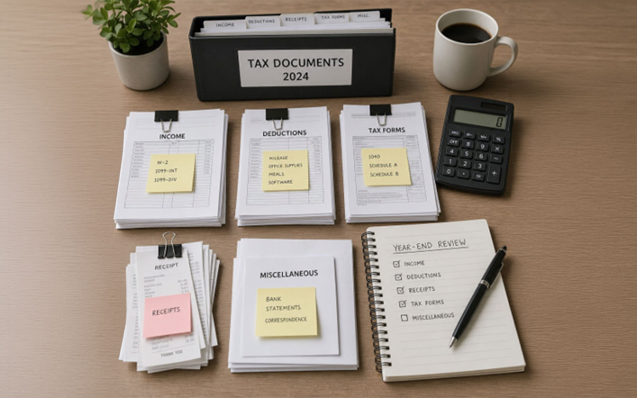 Stacks of papers on a desk. A plant, coffee cup, calculator, notebook and pen.