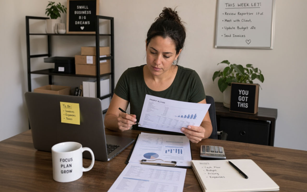 A woman at a desk looking at papers. There's an open laptop, coffee mug, calculator, and open notebook with a pen on the desk. 