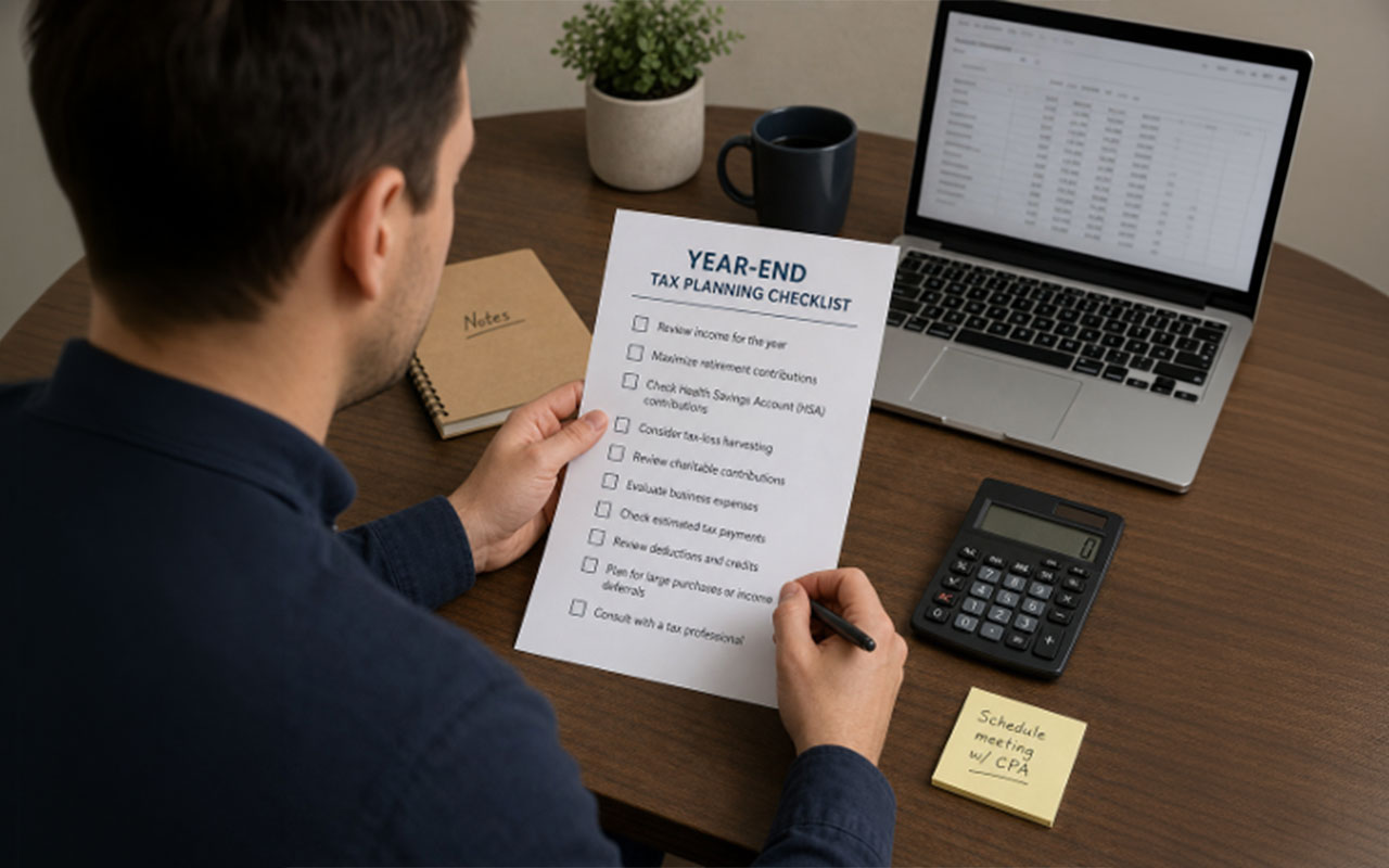 a man at a desk holding a paper checklist in one hand and pen in the other. There's a laptop, sticky notes, calculator, mug, notebook and plan on the desk he's at.