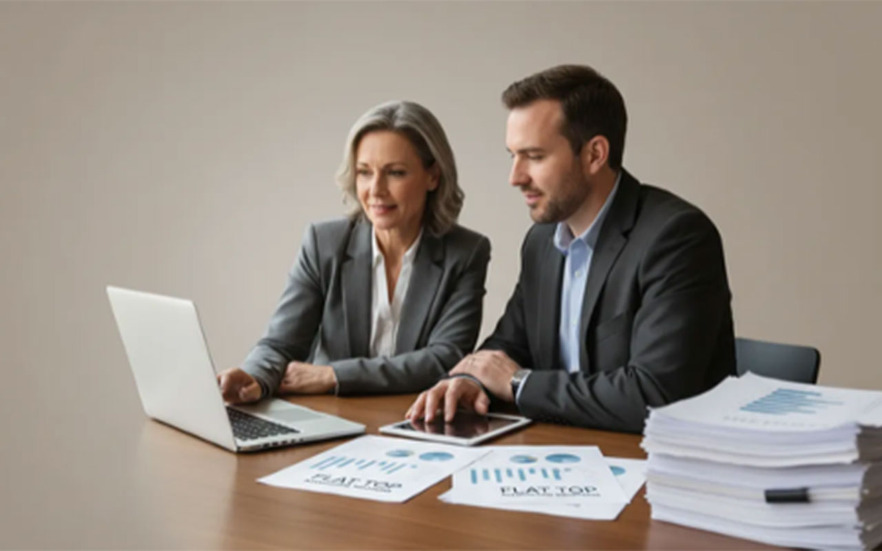 A man and woman sitting at a desk with papers, a tablet, and open laptop, looking at the laptop screen.