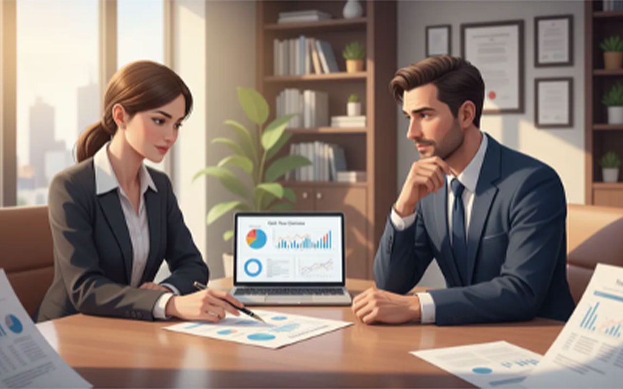 Cartoon images of a man and woman at a desk in an office. The woman is holding a pen over a sheet of paper. There is an open laptop between them with graphs on the screen.