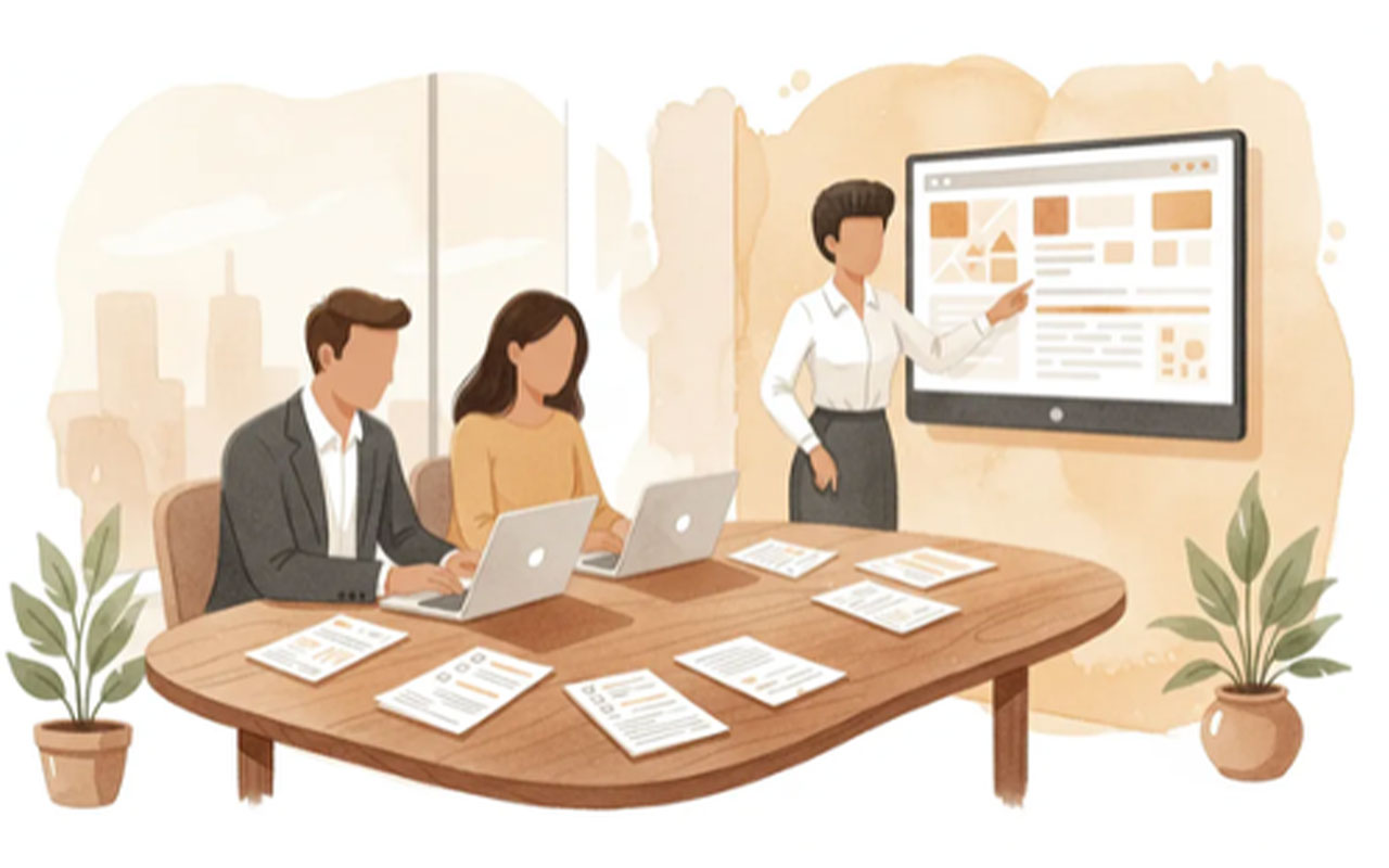 Cartoon of people in an office meeting room. Two are at a table using laptops. A third is standing next to a screen on the wall. 