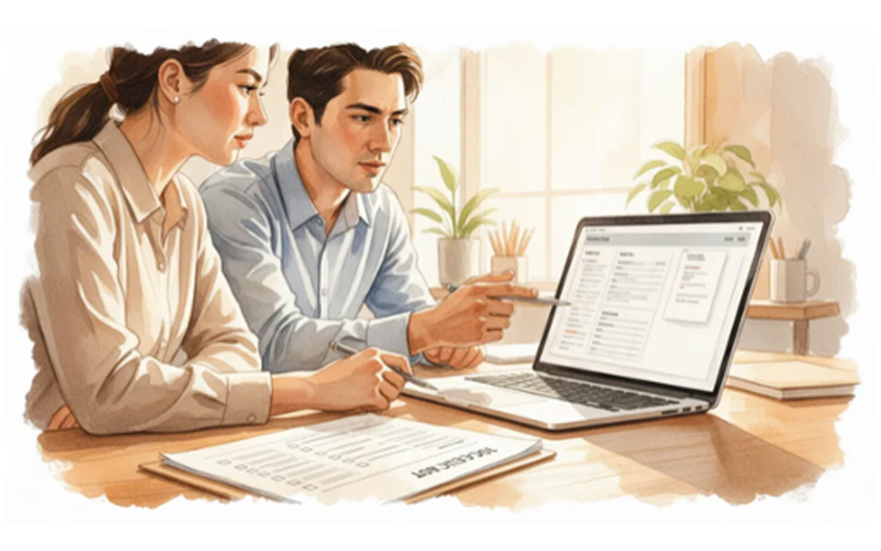 A cartoon showing two people at a table, holding pens, looking at an open laptop.