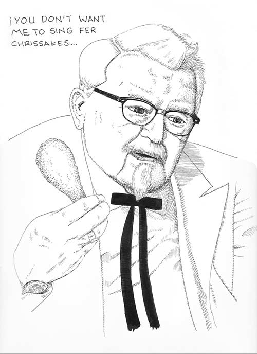 Colonel Sanders with his white goatee holds a fried chicken thigh