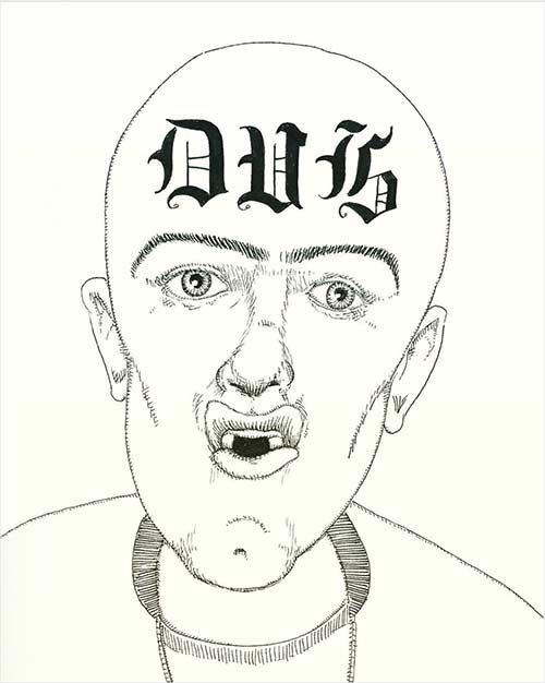 a skinhead with the letters DUB tattooed on his forehead