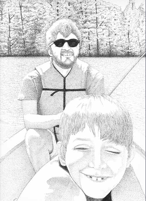 Jon the dad sits in rear of boat with a fishing pole, Jonathan, his boy, sits in foreground wearing a life vest