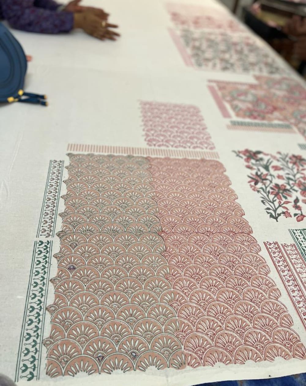 Hand block printing in progress at Rosie Dalia's studio in Jaipur, India