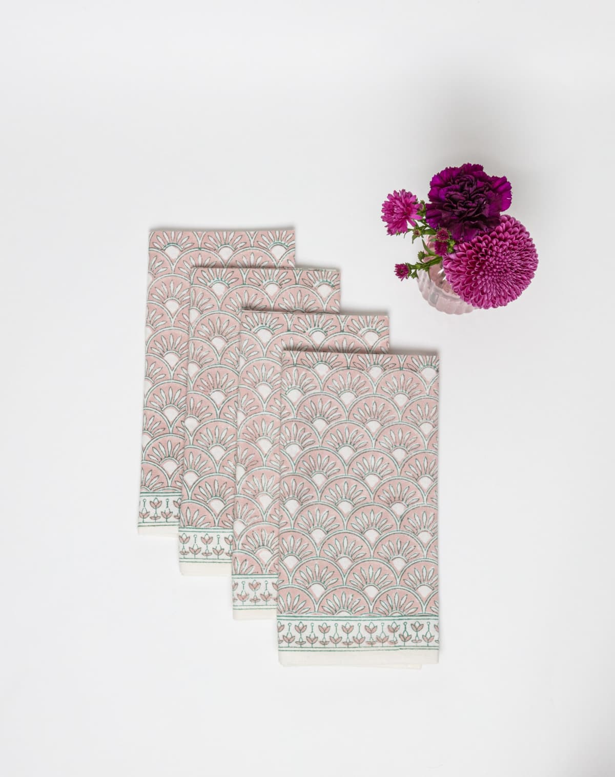Rosie Dalia Block Printed Cotton Napkin Set in Geometric Blush &amp; Turquoise