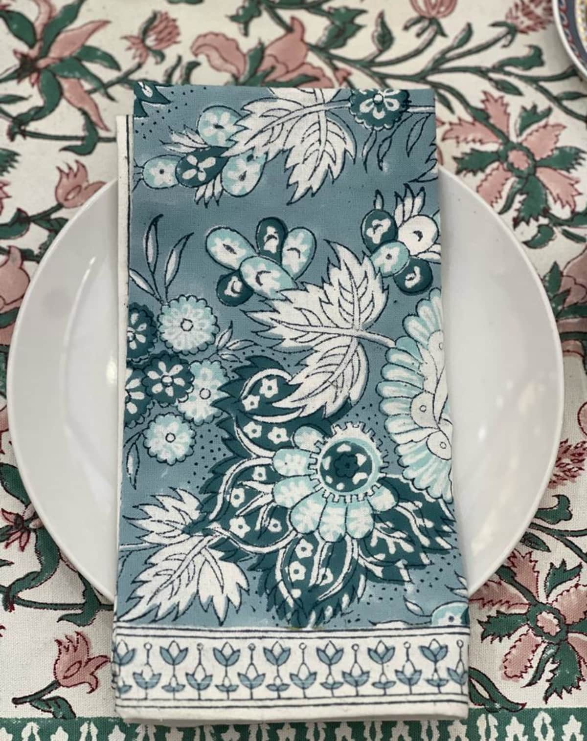 Rosie Dalia Block Printed Cotton Napkin in Blue Jaipur Flowers