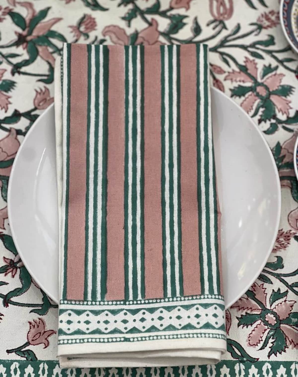 Rosie Dalia Block Printed Cotton Napkin in Blush Turquoise Stripe