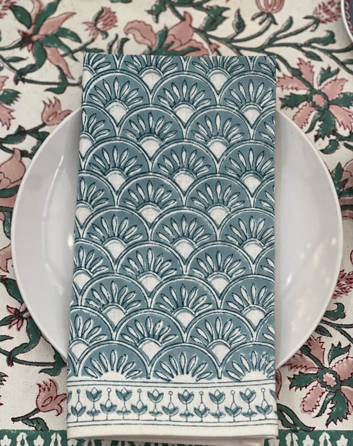 Rosie Dalia Block Printed Cotton Napkin in Geometric Turquoise
