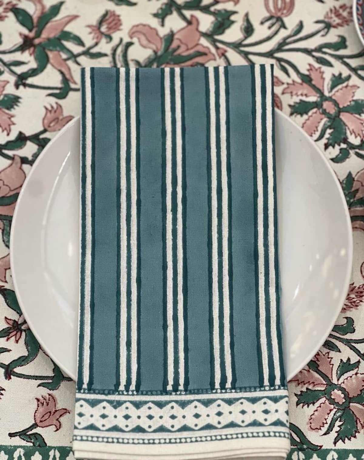 Rosie Dalia Block Printed Cotton Napkin in Turquoise Stripe