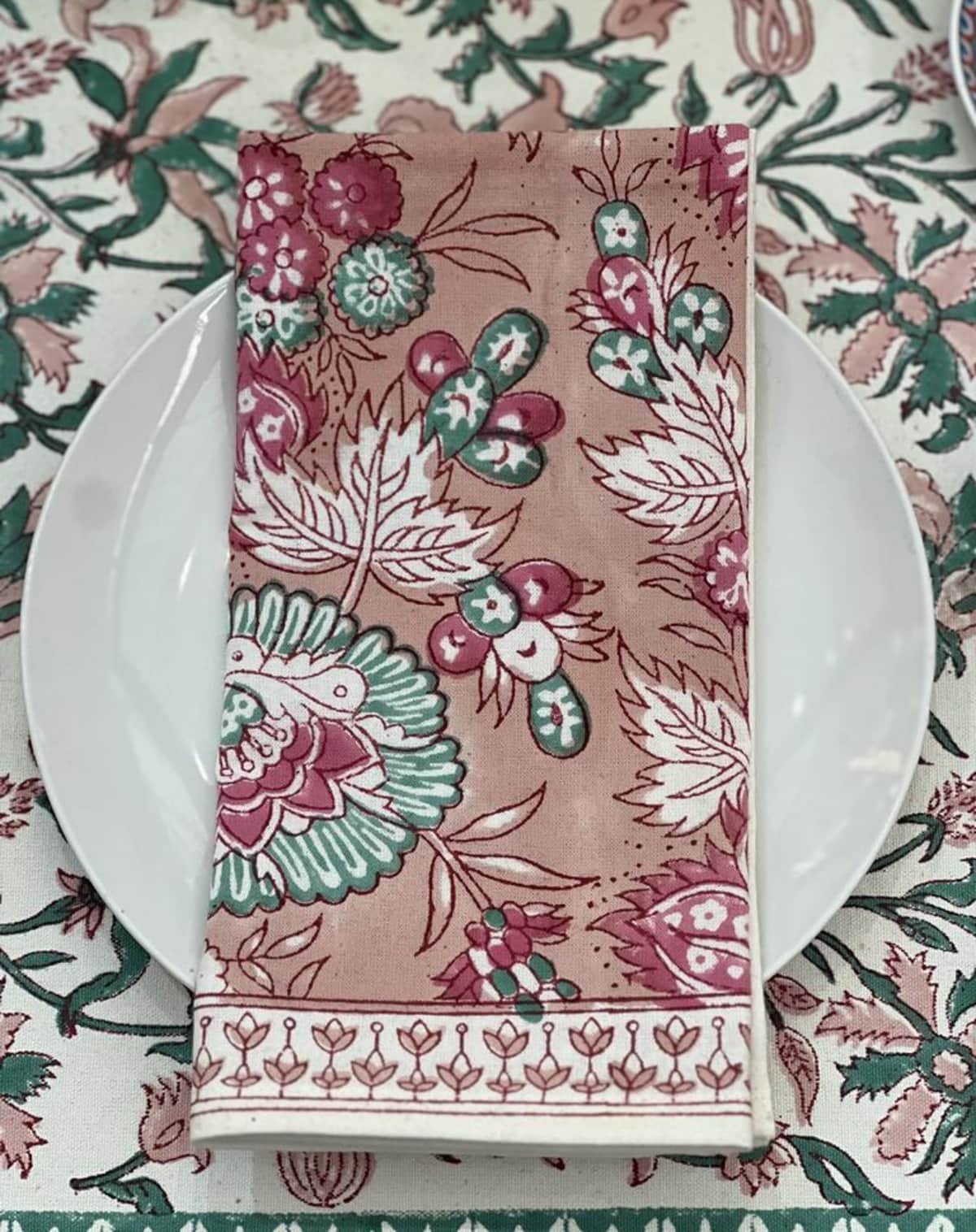 Rosie Dalia Block Printed Cotton Napkin in Blush Jaipur Flowers
