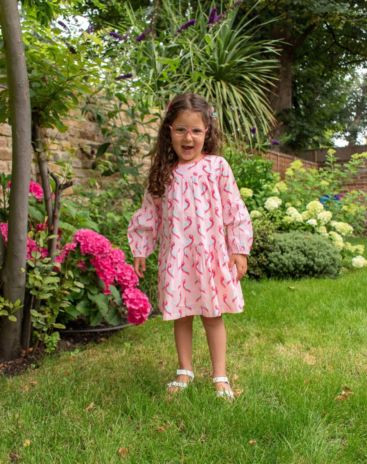 The Almirah Kids Cotton Dress in Pink Parrot Print