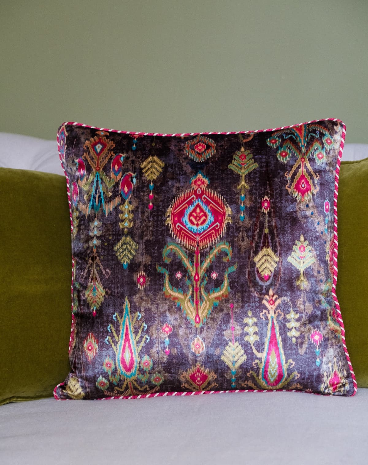 Aman Arora Bukhara Ikat Cushion in Black Velvet and Satin