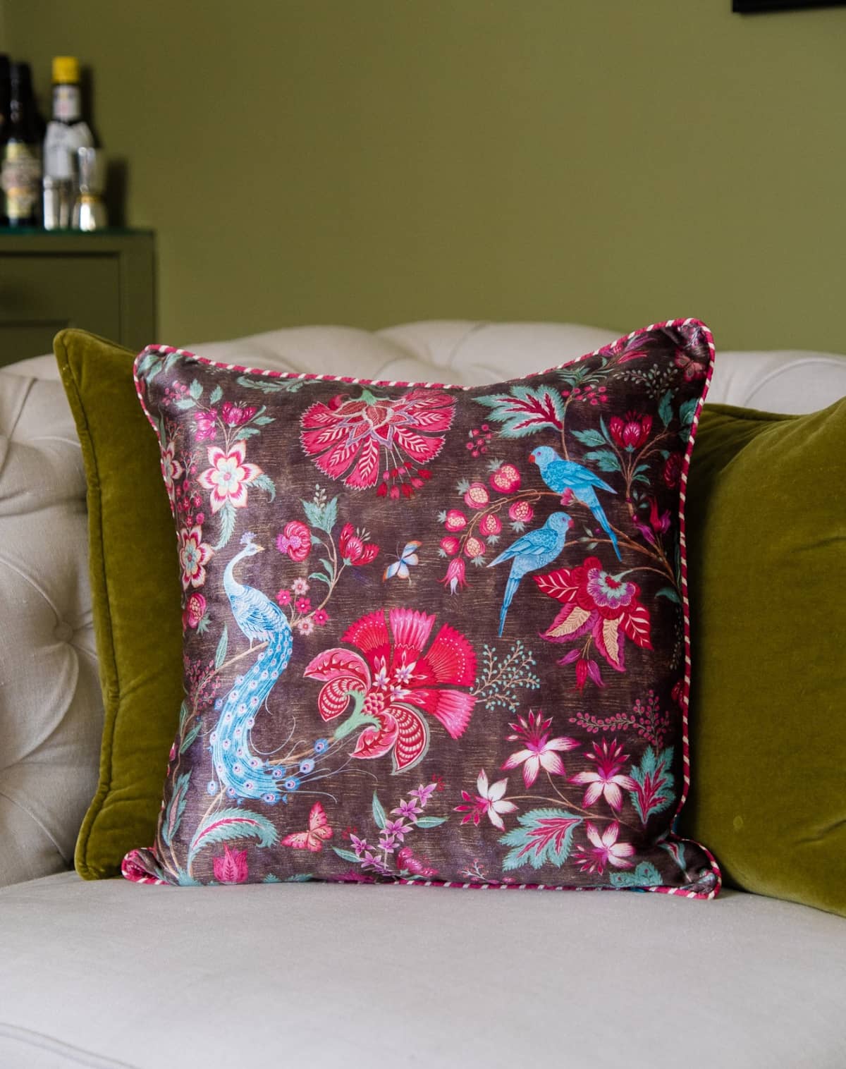Aman Arora Kahna Floral Cushion in Charcoal Velvet and Satin