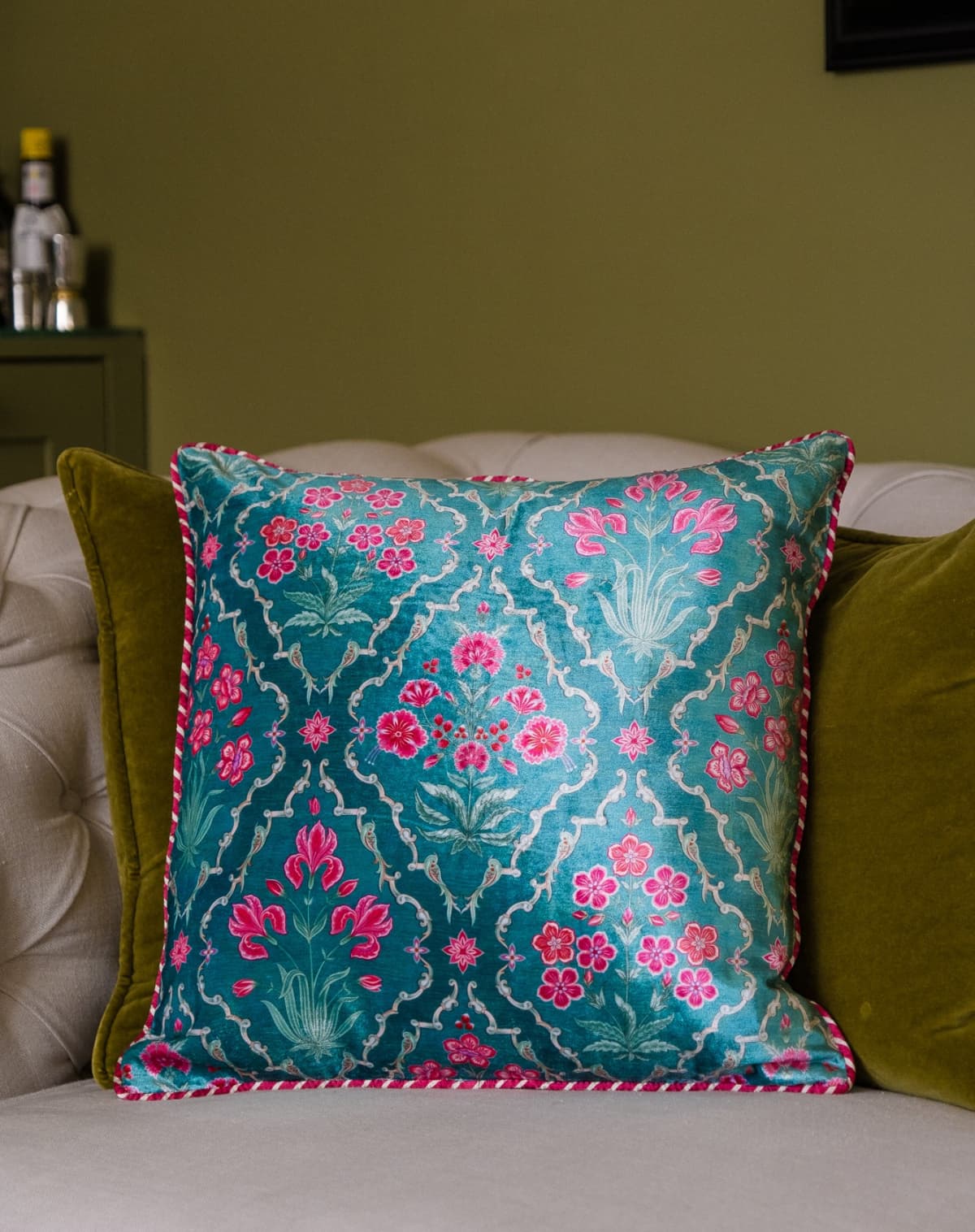 Aman Arora Aqua Jewel Velvet and Satin Cushion Cover