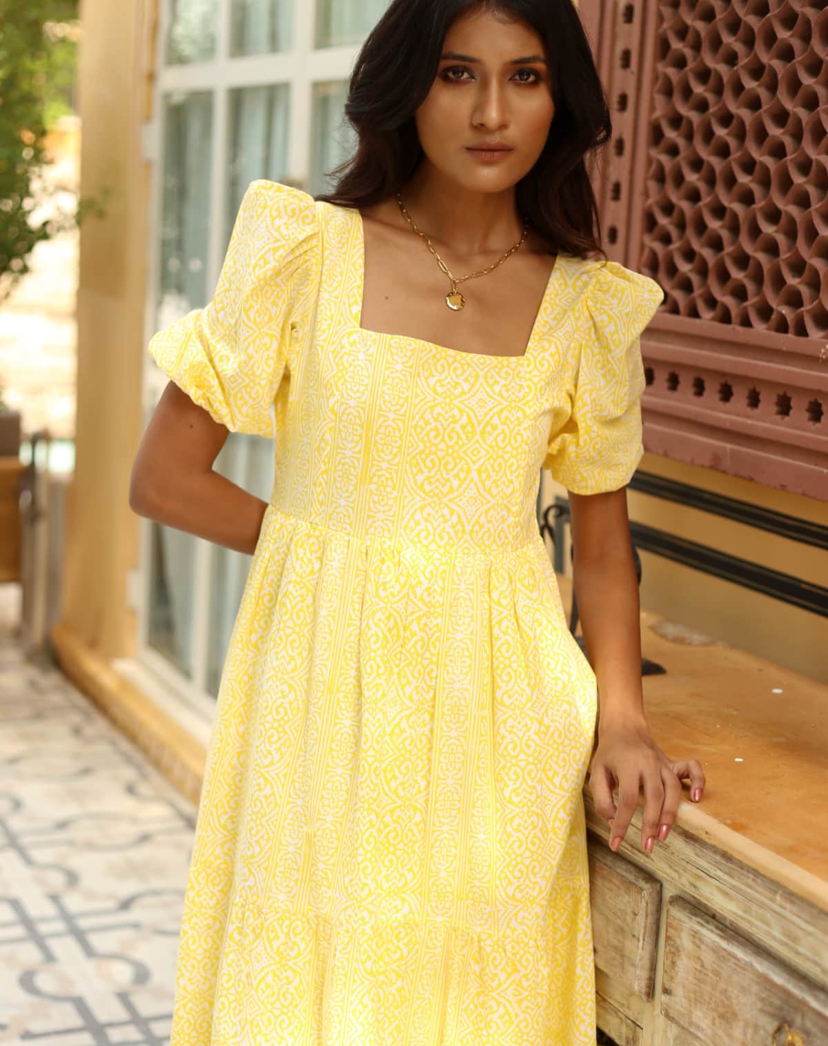 Beyond By Vera Estella Dress in Yellow Mateus Floral Print
