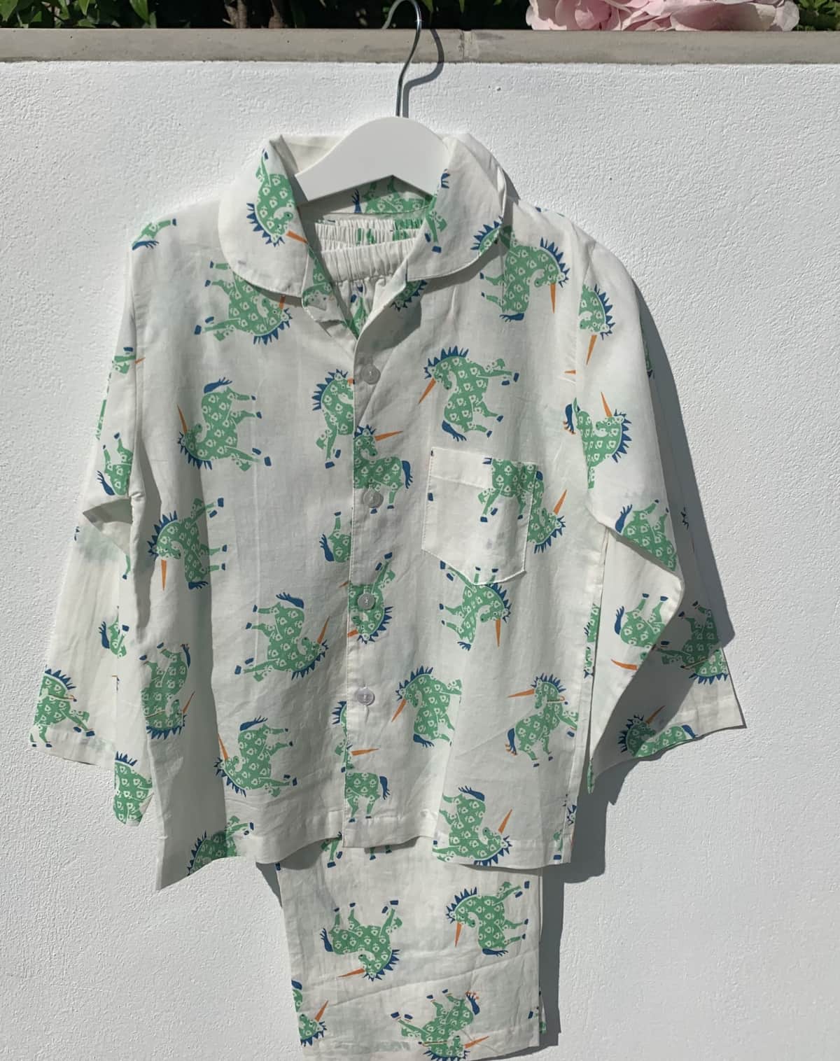 The Almirah Kids Unicorn Pyjamas Set in Green and White