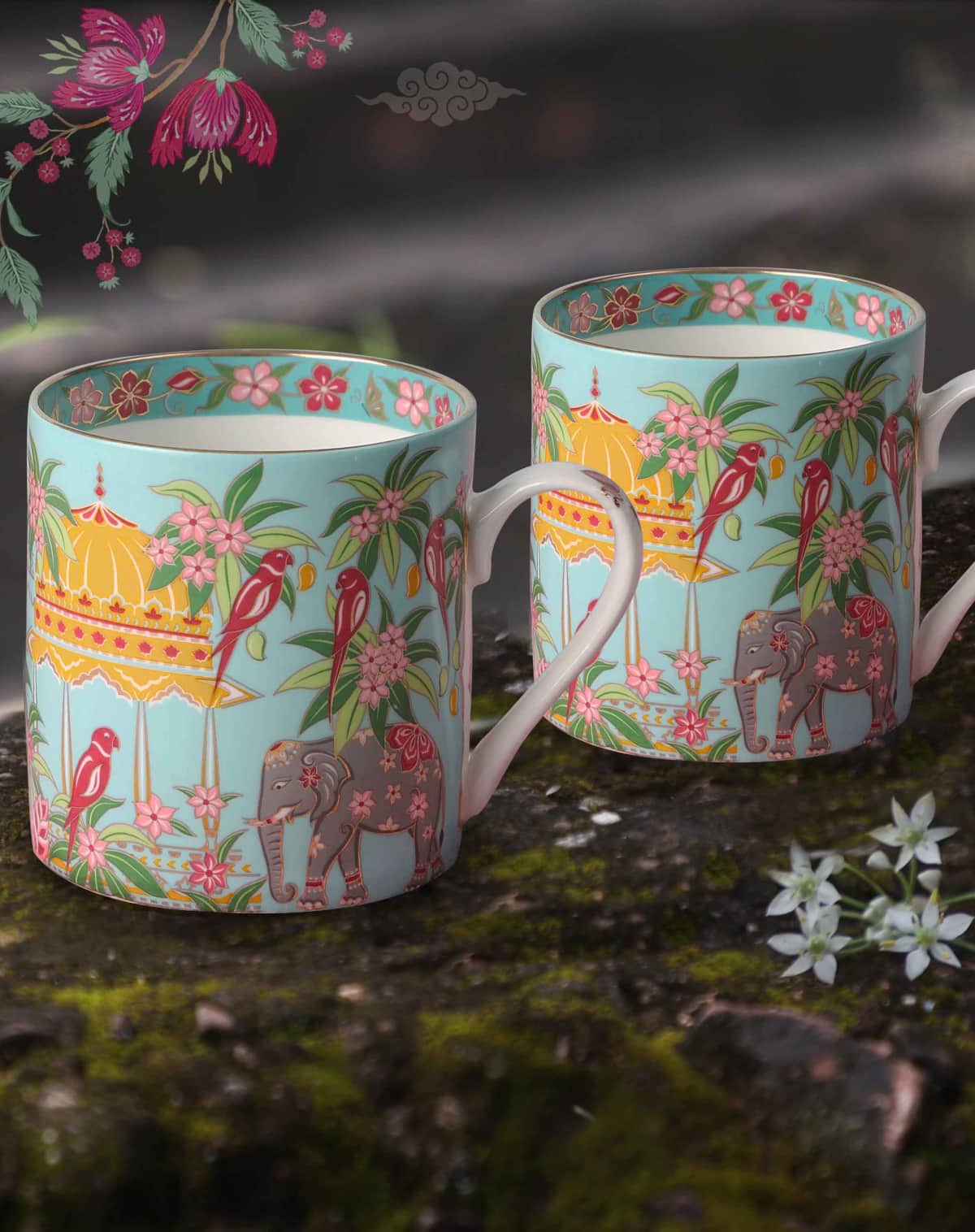 Aman Arora Kahna Elephant Blue Printed China Mugs Set