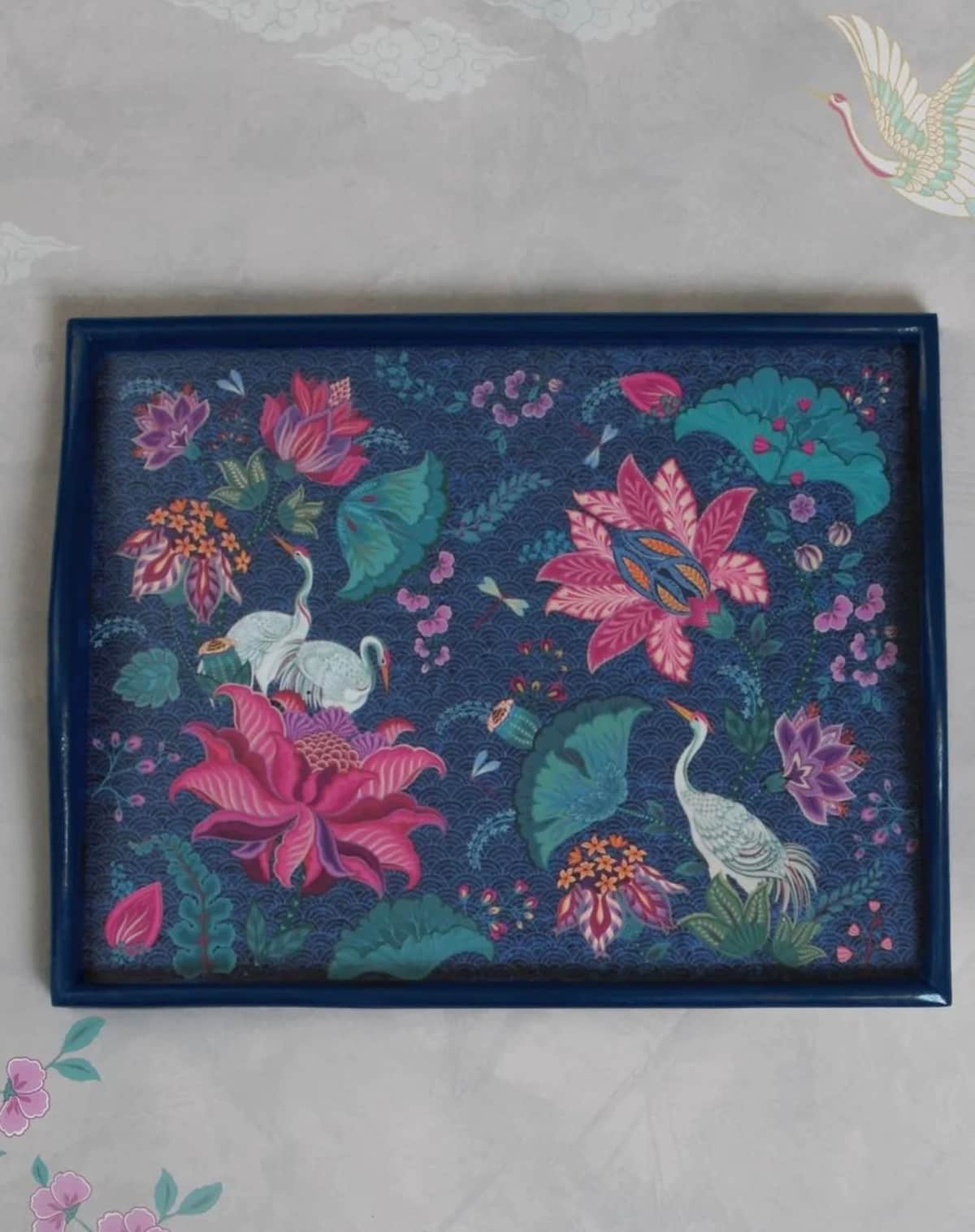 Aman Arora Navy Blue Wood Tray with Swans & Dragonflies Motif