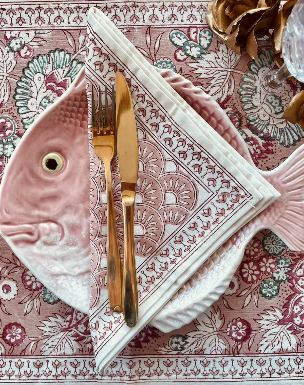 Rosie Dalia Block Printed Cotton Napkin in Geometric Blush Cherry