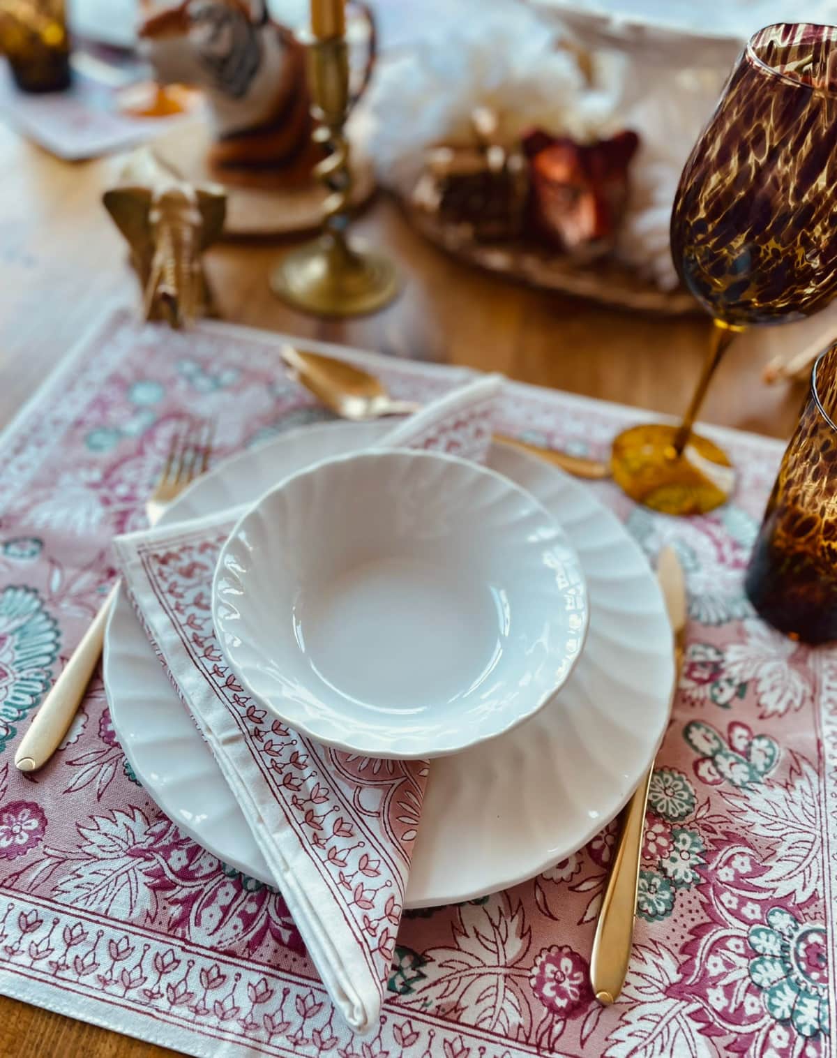 Rosie Dalia Block Printed Cotton Table Mat in Blush Jaipur Flowers