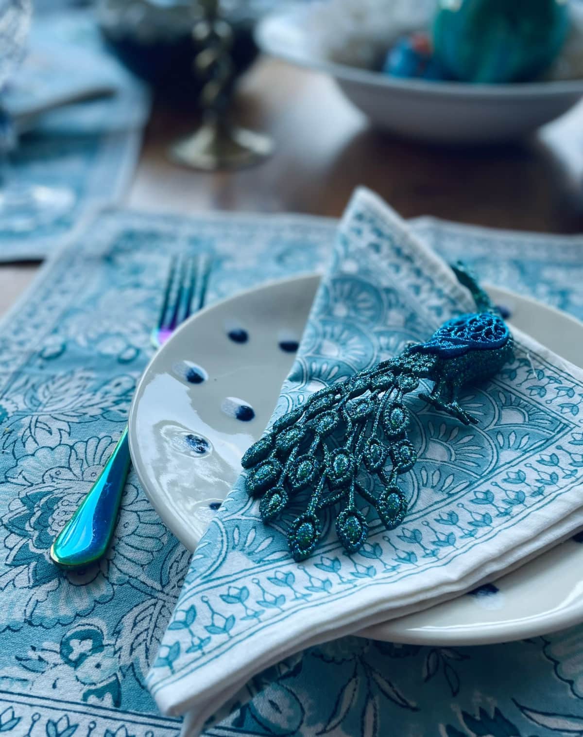 Rosie Dalia Block Printed Cotton Table Mat in Blue Jaipur Flowers