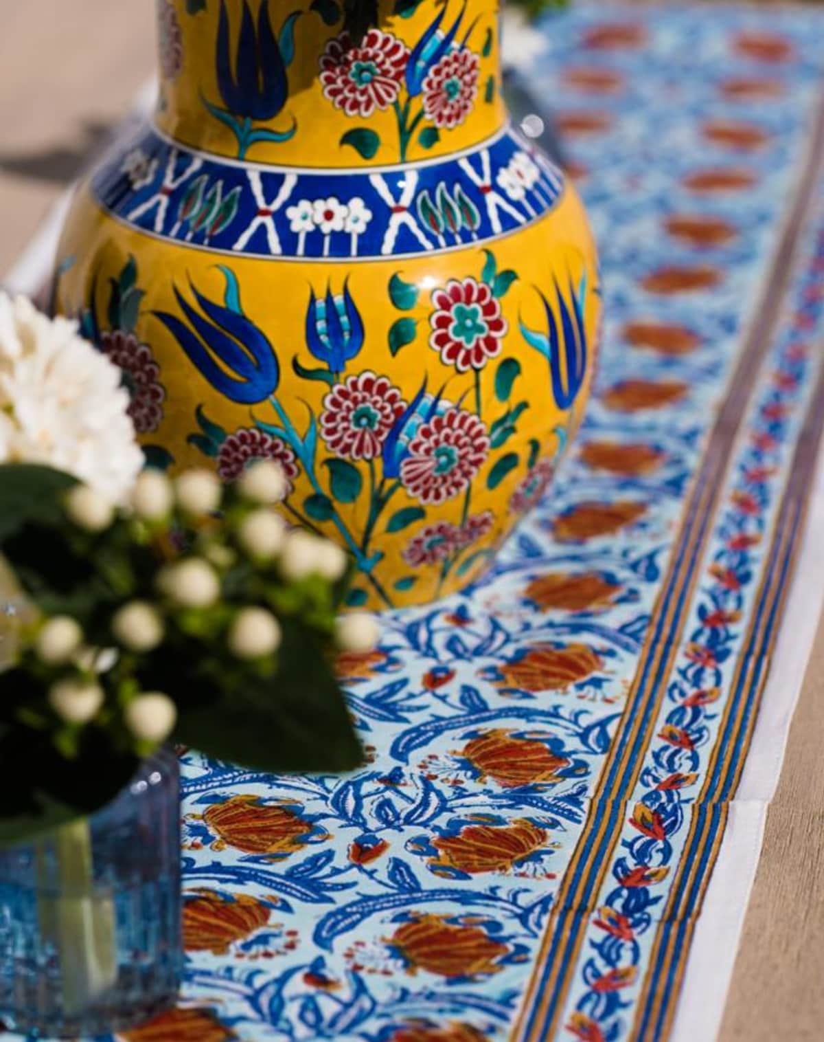 Jamini Block Printed Cotton Table Runner in Blue Indian Summer