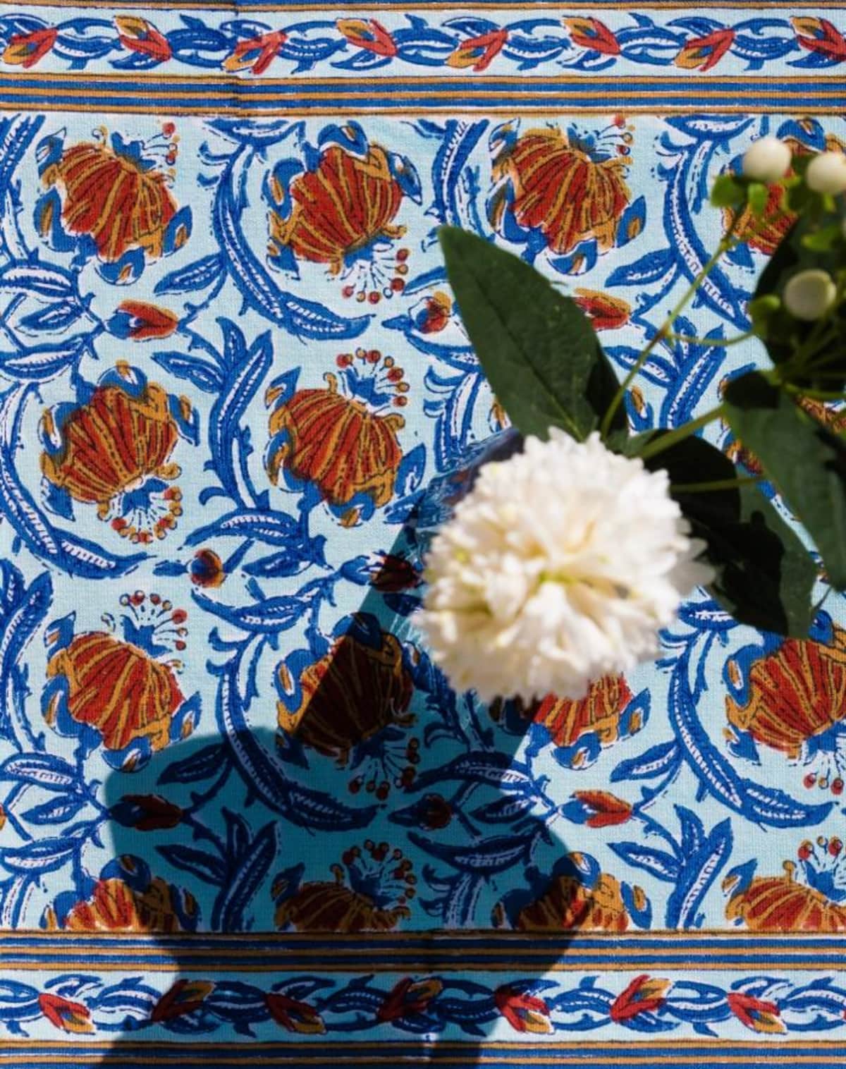 Jamini Block Printed Cotton Table Runner in Blue Indian Summer