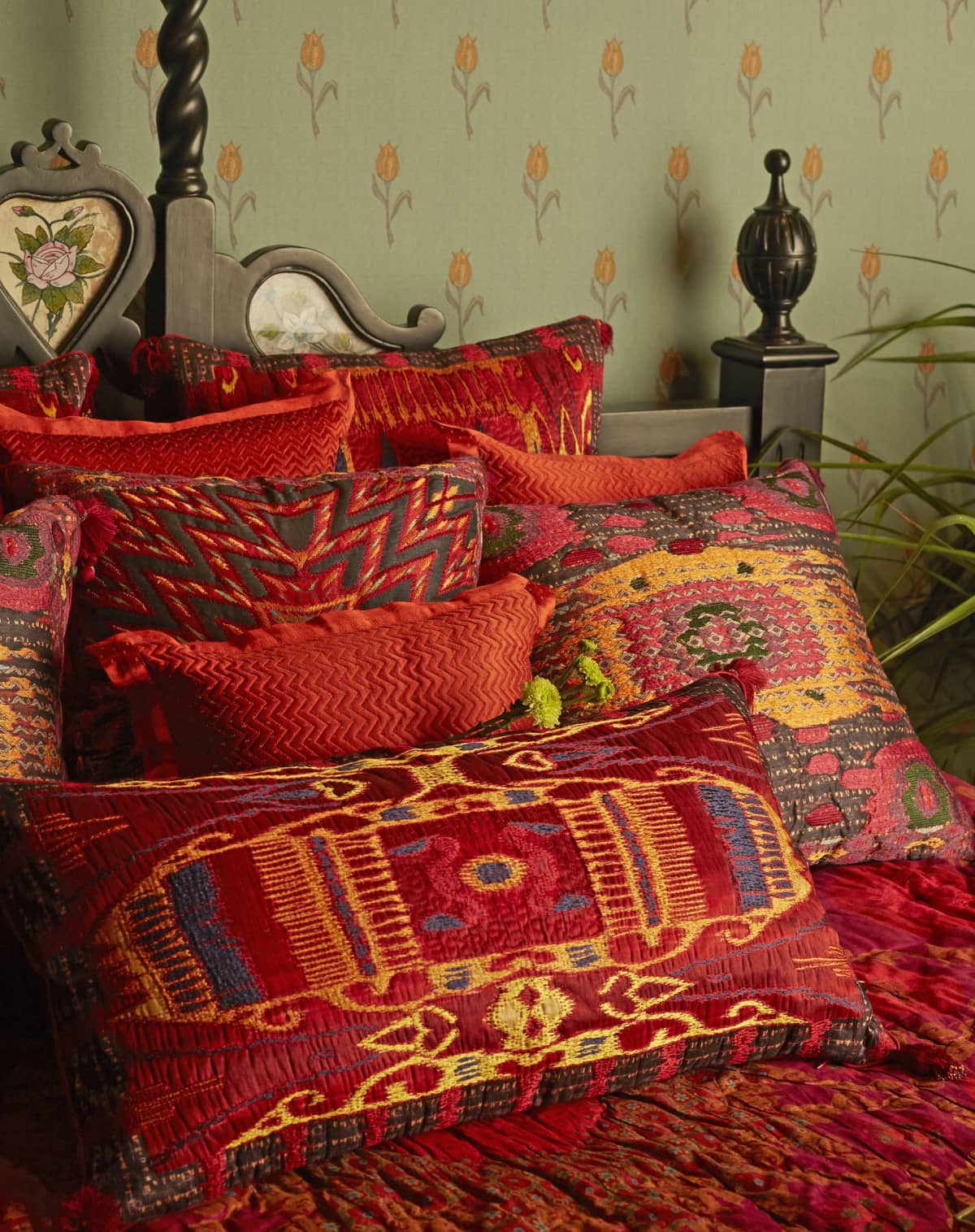 Ritu Kumar Ikat Cushion Bolster in Red Mysore Silk