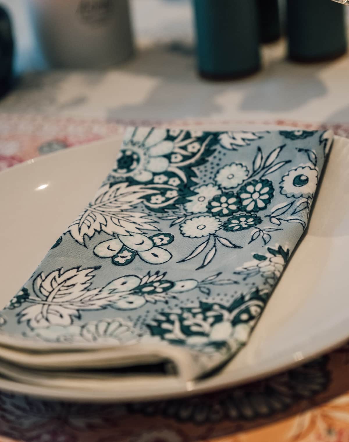 Rosie Dalia Block Printed Cotton Napkin in Blue Jaipur Flowers