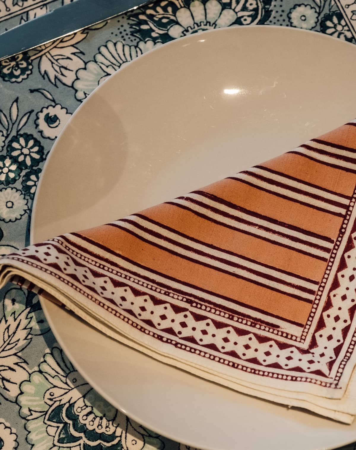 Rosie Dalia Block Printed Cotton Table Mat in Blue Jaipur Flowers