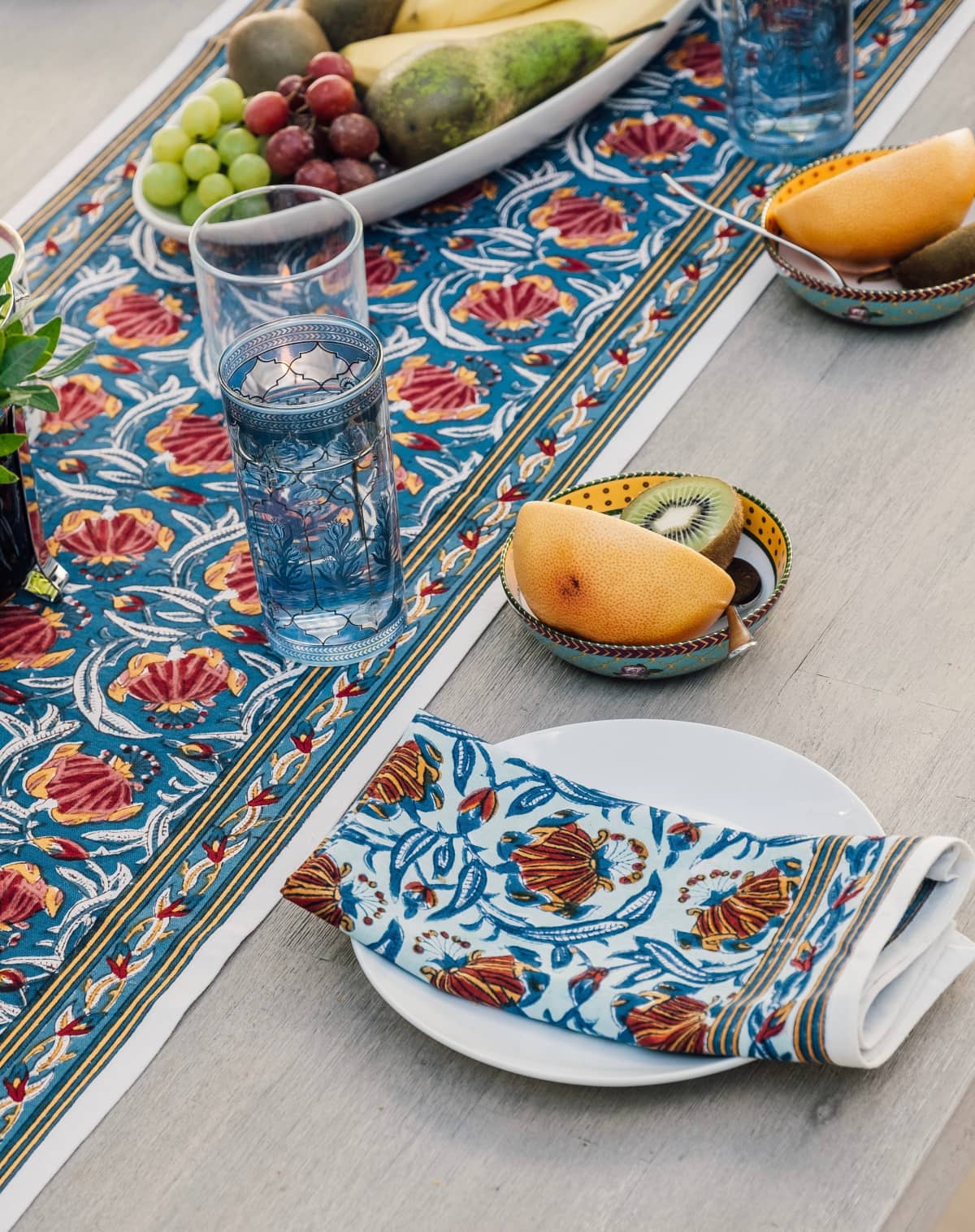 Jamini Block Printed Cotton Table Runner in Midnight Blue